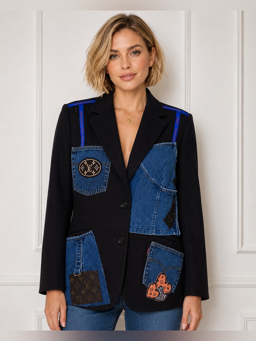 Designer inspired Black & Denim Patchwork Blazer size 10